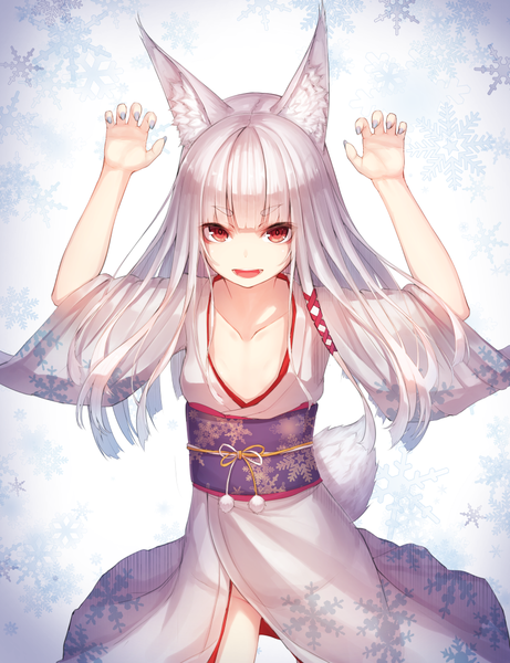 Anime picture 833x1084 with original munuu single long hair tall image looking at viewer fringe open mouth light erotic simple background red eyes standing animal ears silver hair tail blunt bangs nail polish traditional clothes japanese clothes animal tail