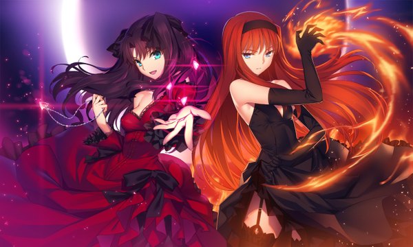 Anime picture 1333x800 with fate (series) fate/stay night shingetsutan tsukihime type-moon toosaka rin toono akiha yangsion long hair looking at viewer blue eyes brown hair wide image multiple girls red hair outstretched hand girl thighhighs dress gloves ribbon (ribbons)