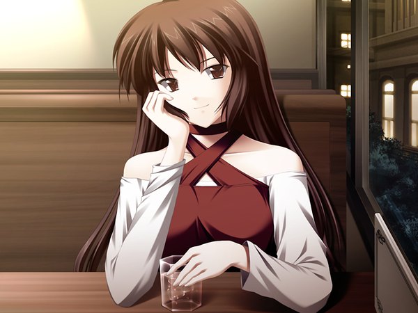 Anime picture 1200x900 with brown hair brown eyes game cg girl window drink