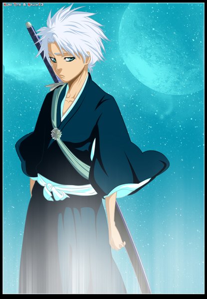 Anime picture 1024x1480 with bleach studio pierrot hitsugaya toushirou raijin13 single tall image short hair green eyes white hair japanese clothes night sky coloring boy weapon sword belt kimono katana star (stars)