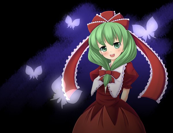 Anime picture 2500x1928 with touhou kagiyama hina tyuuten (artist) single blush highres open mouth green eyes green hair loli girl dress bow hair bow insect butterfly