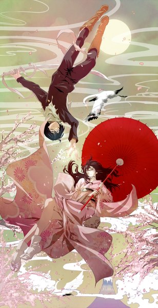 Anime picture 1800x3501 with noragami studio bones yato (noragami) iki hiyori long hair tall image highres short hair blue eyes black hair smile brown hair purple eyes cloud (clouds) traditional clothes japanese clothes cherry blossoms volcano girl boy
