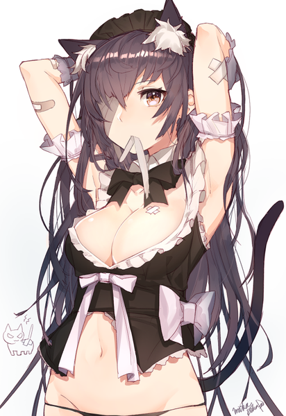 Anime picture 618x900 with original mika pikazo single long hair tall image looking at viewer fringe breasts light erotic simple background brown hair large breasts white background holding brown eyes signed animal ears cleavage tail animal tail