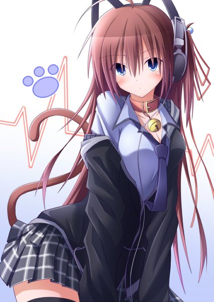 Anime picture 707x1000 with original kawachii single long hair tall image looking at viewer blush fringe breasts blue eyes brown hair animal ears cleavage tail animal tail pleated skirt cat ears open clothes open jacket cat tail