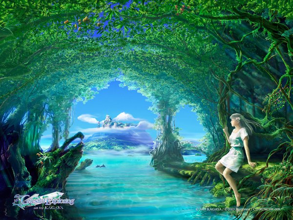 Anime picture 1600x1200 with kagaya single long hair cloud (clouds) realistic landscape 3d girl plant (plants) tree (trees) water sea