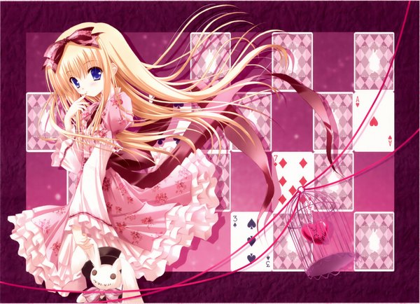 Anime picture 2351x1702 with tinker bell long hair highres blue eyes blonde hair loli border outside border girl dress bow ribbon (ribbons) hair bow heart toy stuffed animal bunny card (cards) cage