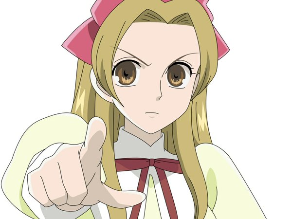 Anime picture 1024x768 with ouran high school host club studio bones houshakuji renge single long hair looking at viewer simple background blonde hair white background brown eyes lips eyebrows vector pointing frown pointing at viewer girl ribbon (ribbons)