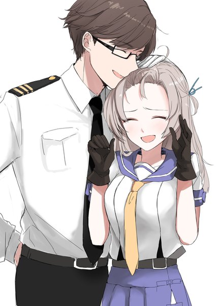 Anime picture 1004x1417 with kantai collection admiral (kantai collection) kinugasa heavy cruiser morinaga (harumori) long hair tall image short hair open mouth simple background brown hair white background silver hair upper body eyes closed happy ^ ^ hand on another's head girl boy gloves