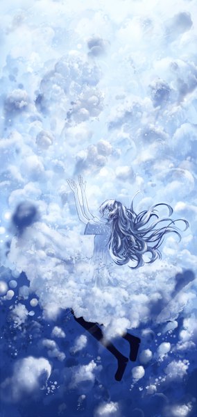 Anime picture 810x1710 with original bounin single long hair tall image fringe black hair black eyes arms up underwater girl dress water bubble (bubbles)