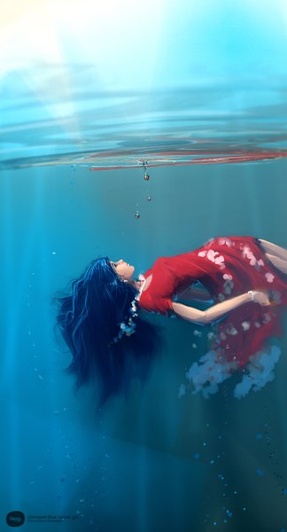 Anime picture 1034x1910 with original hikaruga single long hair tall image blue hair profile realistic underwater girl dress water bubble (bubbles) red dress