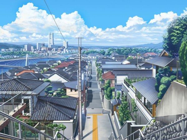 Anime picture 1123x842 with sekireikagari sky cloud (clouds) shadow city cityscape no people river plant (plants) tree (trees) water building (buildings) bridge power lines