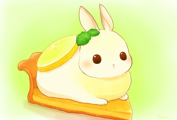 Anime picture 1049x709 with original daikichi (pixiv13506351) blush simple background no people green background cute animal food sweets fruit cake bunny lemon
