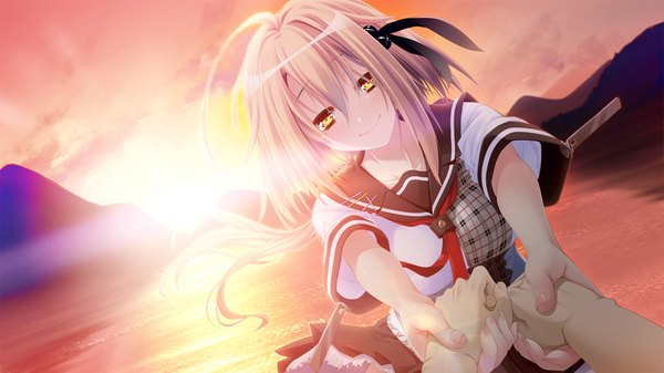 Anime picture 1280x720 with taisetsu na kimi no tame ni, boku ni dekiru ichiban no koto long hair blonde hair wide image yellow eyes game cg evening sunset girl serafuku