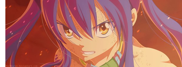 Anime picture 2000x747 with fairy tail wendy marvell ric9duran single long hair highres wide image twintails yellow eyes blue hair loli tattoo coloring close-up face angry clenched teeth girl