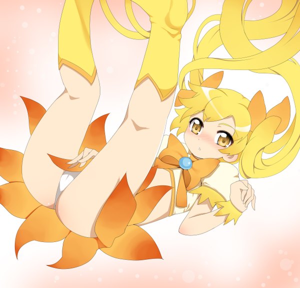 Anime picture 2500x2404 with precure futari wa pretty cure yes! precure 5 myoudouin itsuki cure sunshine harikono (artist) long hair blush highres light erotic blonde hair twintails yellow eyes absurdres very long hair midriff legs magical girl girl skirt