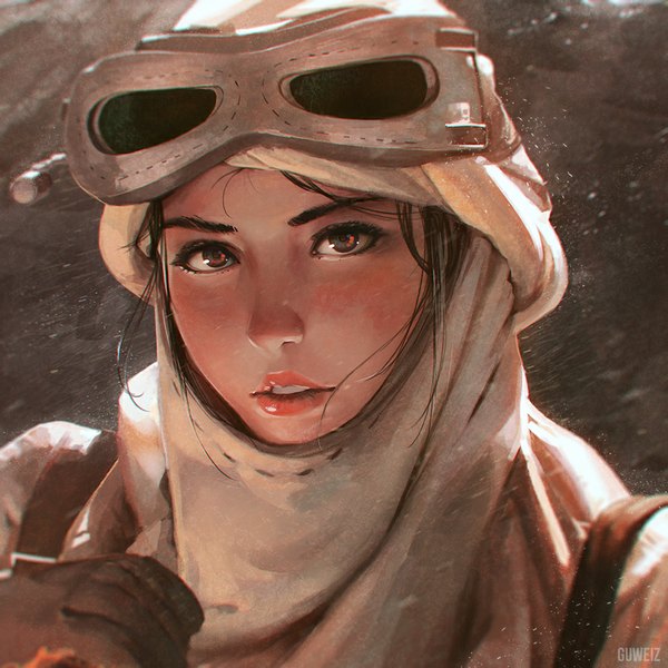 Anime picture 900x900 with star wars star wars: the force awakens rey (star wars) guweiz single looking at viewer short hair black hair red eyes lips realistic lipstick portrait close-up red lipstick goggles on head girl gloves goggles