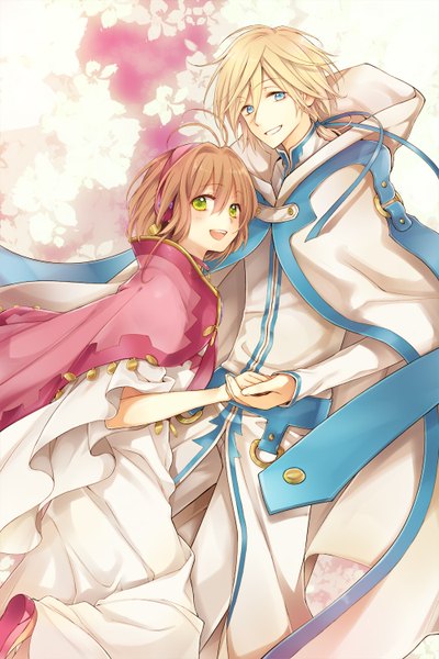 Anime picture 1000x1500 with tsubasa reservoir chronicle clamp sakura hime fay d flourite ocha_(hutuumikan) tall image looking at viewer blush short hair open mouth blue eyes blonde hair smile brown hair green eyes ahoge couple holding hands girl boy