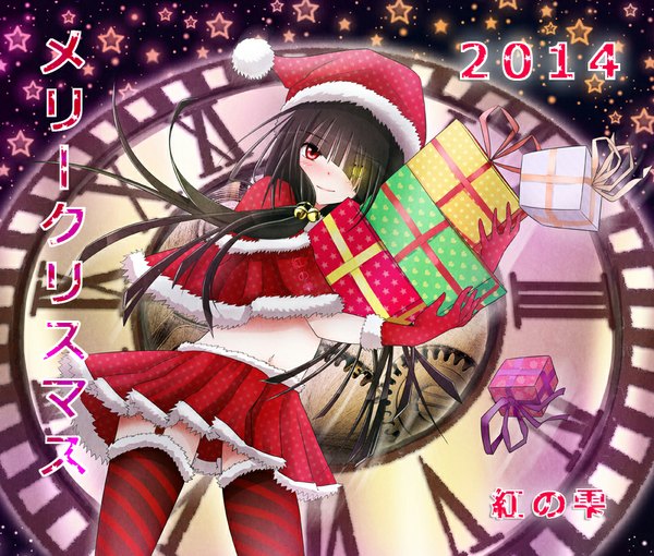 Anime picture 950x808 with date a live tokisaki kurumi kurenai no shizuku single long hair blush fringe black hair blurry hair over one eye fur trim heterochromia christmas 2014 girl thighhighs skirt hat star (symbol) fur