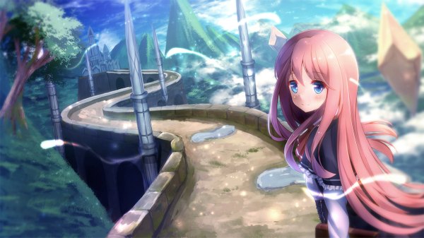 Anime picture 1300x731 with original kgynu single long hair looking at viewer blush fringe blue eyes smile wide image pink hair sky cloud (clouds) looking back sunlight mountain girl plant (plants) tree (trees)