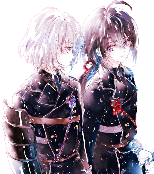 Anime picture 888x1000 with touken ranbu nitroplus honebami toushirou namazuo toushirou ahma long hair tall image short hair simple background smile brown hair white background purple eyes looking away silver hair ahoge traditional clothes japanese clothes profile multiple boys