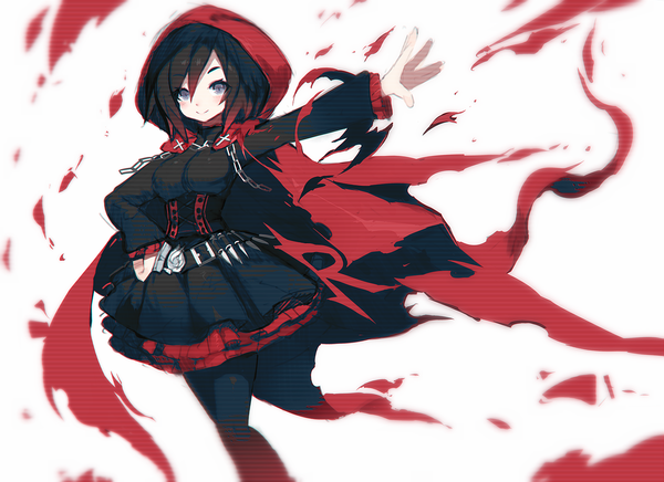 Anime picture 1500x1091 with rwby rooster teeth ruby rose mamuru single looking at viewer blush fringe short hair black hair simple background smile hair between eyes red hair long sleeves multicolored hair arm up grey eyes hand on hip outstretched arm