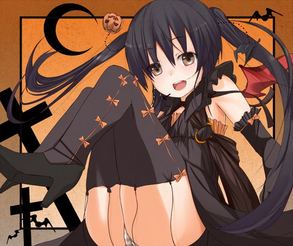 Anime picture 1400x1178 with k-on! kyoto animation nakano azusa haine single long hair open mouth light erotic black hair twintails brown eyes pantyshot sitting halloween bat wings crescent girl thighhighs underwear panties black thighhighs