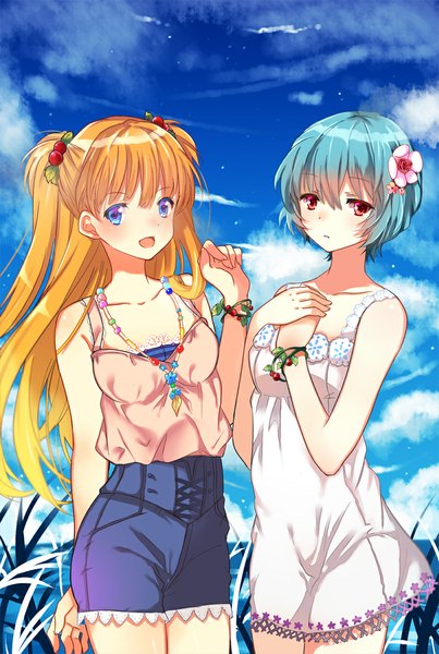 Anime picture 799x1189 with neon genesis evangelion rebuild of evangelion evangelion: 2.0 you can (not) advance evangelion: 3.0 you can (not) redo gainax soryu asuka langley ayanami rei zonana long hair tall image looking at viewer blush short hair open mouth blue eyes red eyes multiple girls blue hair sky cloud (clouds)