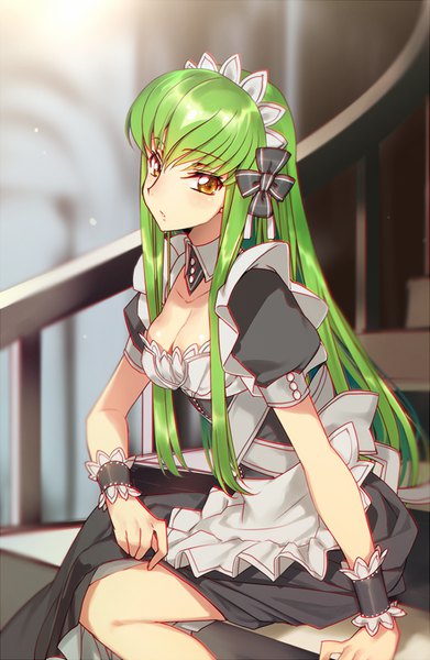 Anime picture 600x920 with code geass sunrise (studio) c.c. creayus single long hair tall image looking at viewer fringe breasts hair between eyes sitting yellow eyes cleavage bent knee (knees) green hair arm support maid puffy sleeves adjusting clothes