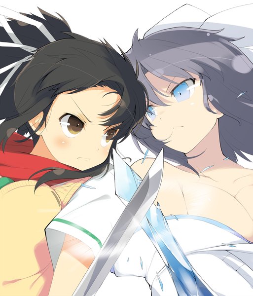 Anime picture 4000x4674 with senran kagura asuka (senran kagura) yumi (senran kagura) yaegashi nan tall image blush highres short hair blue eyes light erotic black hair simple background bare shoulders multiple girls brown eyes looking away absurdres purple hair ponytail traditional clothes