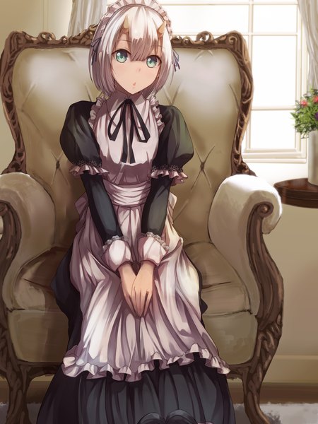 Anime picture 1500x2000 with original konkito single tall image looking at viewer short hair open mouth blue eyes white hair horn (horns) maid girl dress uniform headdress maid headdress armchair