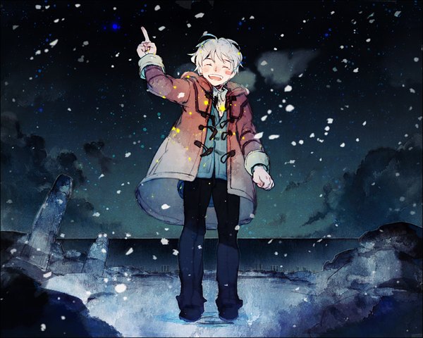 Anime picture 815x652 with no.6 studio bones shion (no.6) 21grams single blush short hair open mouth standing sky cloud (clouds) full body eyes closed arm up grey hair night night sky happy snowing winter