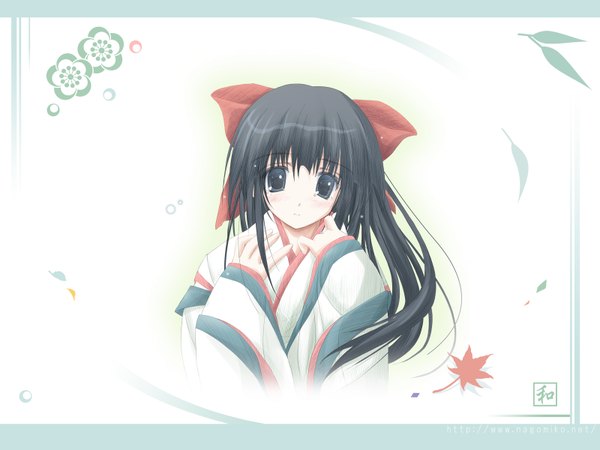 Anime picture 1600x1200 with samurai spirits nakoruru nagomi single long hair looking at viewer blush fringe black hair simple background white background signed traditional clothes japanese clothes black eyes wallpaper miko girl bow hair bow