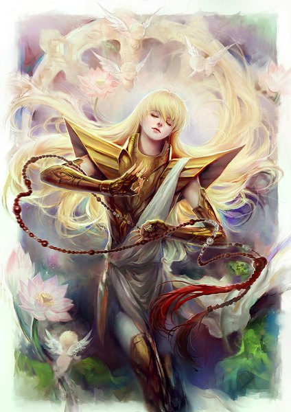 Anime picture 707x1000 with saint seiya toei animation virgo shaka fooltown long hair tall image blonde hair eyes closed head tilt realistic angel messy hair boy gloves flower (flowers) plant (plants) elbow gloves armor fingerless gloves beads