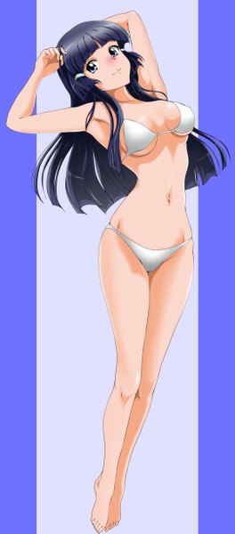 Anime picture 2158x4890 with precure smile precure! toei animation aoki reika nanashi noiji single long hair tall image blush highres blue eyes light erotic black hair smile barefoot girl navel swimsuit bikini