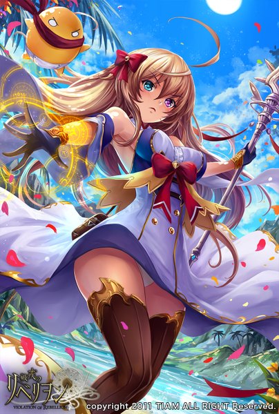 Anime picture 1000x1484 with violation of rebellion (game) rebellion long hair tall image looking at viewer breasts blue eyes light erotic blonde hair purple eyes sky cloud (clouds) ahoge sunlight from below pantyshot heterochromia outstretched arm magic river