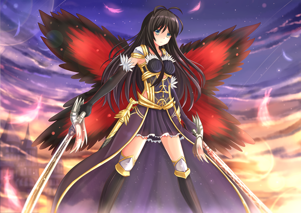 Anime picture 1200x849 with original kazenokaze single long hair blue eyes black hair holding sky cloud (clouds) dual wielding girl dress gloves weapon sword wings elbow gloves boots feather (feathers)