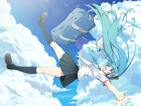 Anime picture 1000x750 with vocaloid ipod hatsune miku azuma syoujuan single open mouth blue eyes twintails cloud (clouds) very long hair aqua hair spread arms girl skirt uniform school uniform miniskirt shirt socks necktie