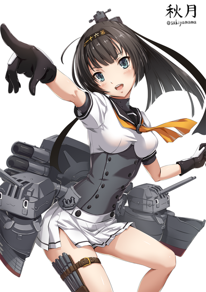 Anime picture 800x1131 with kantai collection akizuki destroyer sakiyamama single long hair tall image looking at viewer blush open mouth blue eyes black hair simple background white background girl skirt gloves hair ornament weapon miniskirt black gloves