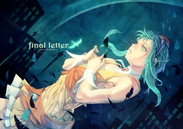 Anime picture 1500x1061 with vocaloid gumi b.c.n.y. (bcnyart) single aqua eyes aqua hair night girl animal headphones bird (birds) building (buildings) wrist cuffs feather (feathers) water drop goggles power lines