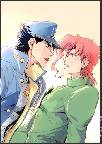 Anime picture 1200x1697 with jojo no kimyou na bouken kujo jotaro kakyoin noriaki linjie tall image short hair black hair simple background red hair profile border shounen ai boy uniform school uniform earrings food chain berry (berries) peaked cap