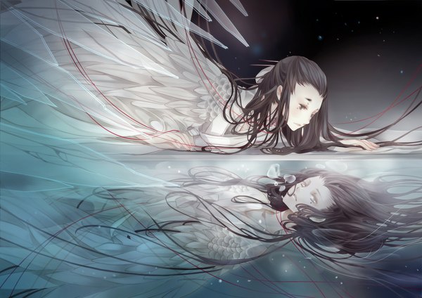 Anime picture 1052x744 with original tagme (artist) long hair open mouth lying underwater dual persona weightlessness sad different reflection girl hair ornament feather (feathers) bubble (bubbles) thread red thread