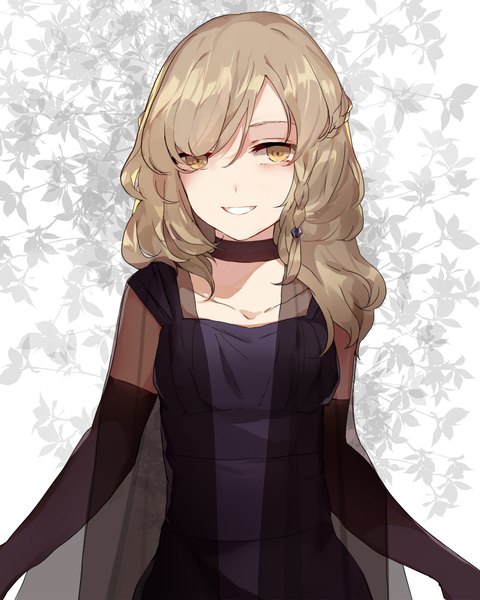 Anime picture 800x1000 with touhou kirisame marisa hillly (maiwetea) single long hair tall image looking at viewer fringe open mouth blonde hair smile yellow eyes upper body braid (braids) alternate costume wavy hair girl gloves hair ornament choker