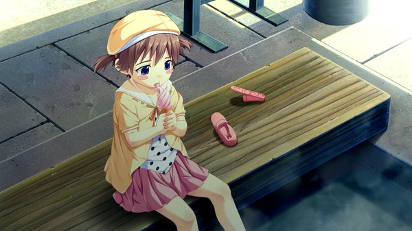 Anime picture 1024x576 with suigetsu 2 blush short hair blue eyes brown hair wide image game cg girl hat food sweets ice cream child (children)