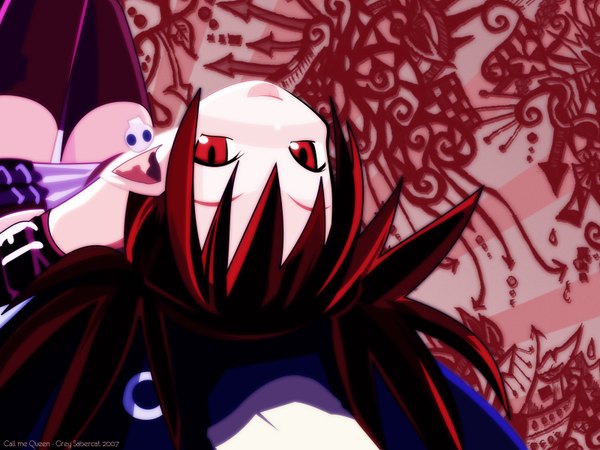 Anime picture 1600x1200 with disgaea etna (disgaea) prinny harada takehito single looking at viewer fringe hair between eyes red eyes red hair lying pointy ears on back wallpaper :p third-party edit upside down girl thighhighs earrings