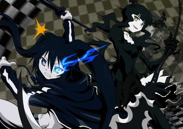Anime picture 4092x2893 with black rock shooter black rock shooter (character) dead master kuroi mato takanashi yomi long hair highres blue eyes black hair twintails multiple girls green eyes absurdres from above midriff glowing flat chest scar glowing eye (eyes) battle