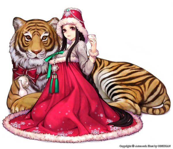 Anime picture 936x808 with original obsidian long hair black hair simple background sitting holding traditional clothes pink eyes mole fur trim mole under eye kneeling christmas seiza snowflake print korean clothes girl dress ribbon (ribbons)