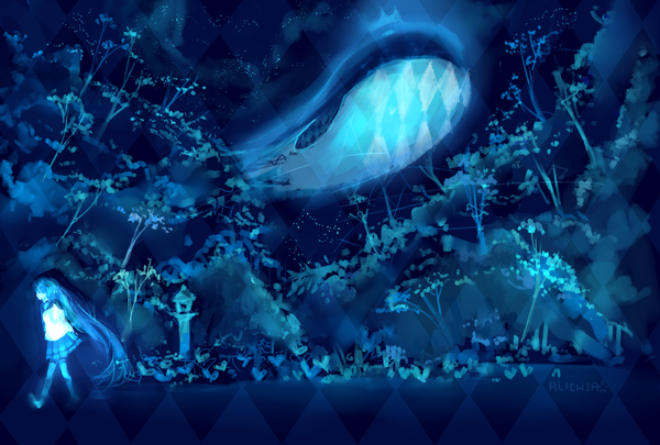 Anime picture 1748x1181 with vocaloid hatsune miku alichia long hair highres twintails blue hair profile night walking rhombus girl skirt plant (plants) tree (trees) serafuku forest whale