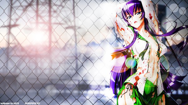 Anime picture 1920x1080 with highschool of the dead madhouse busujima saeko satou shouji lvlz26 single long hair fringe highres breasts open mouth blue eyes light erotic hair between eyes wide image standing signed purple hair arms up wallpaper