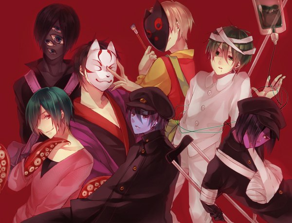 Anime picture 1500x1146 with yume nikki yume 2kki (game) tako otoko yukata (yume 2kki) aoshiru gakuran-kun heishi-kun kamen eshi megusuri uri moyushi410 fringe short hair black hair simple background smile red eyes green eyes green hair hair over one eye dark skin