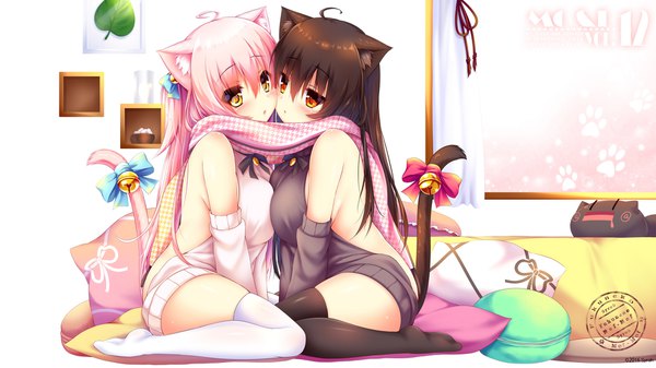 Anime picture 1920x1080 with original shia flatpaddy mia flatpaddy syroh long hair looking at viewer blush fringe highres breasts light erotic hair between eyes red eyes brown hair wide image large breasts sitting multiple girls signed animal ears